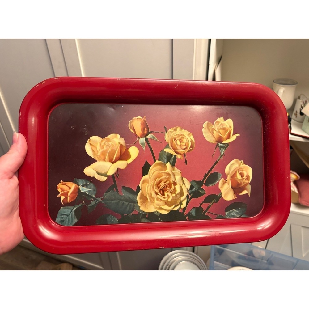 Vintage Metal Serving Tray Yellow Roses Floral Red Rim Rectangular Tin Toleware